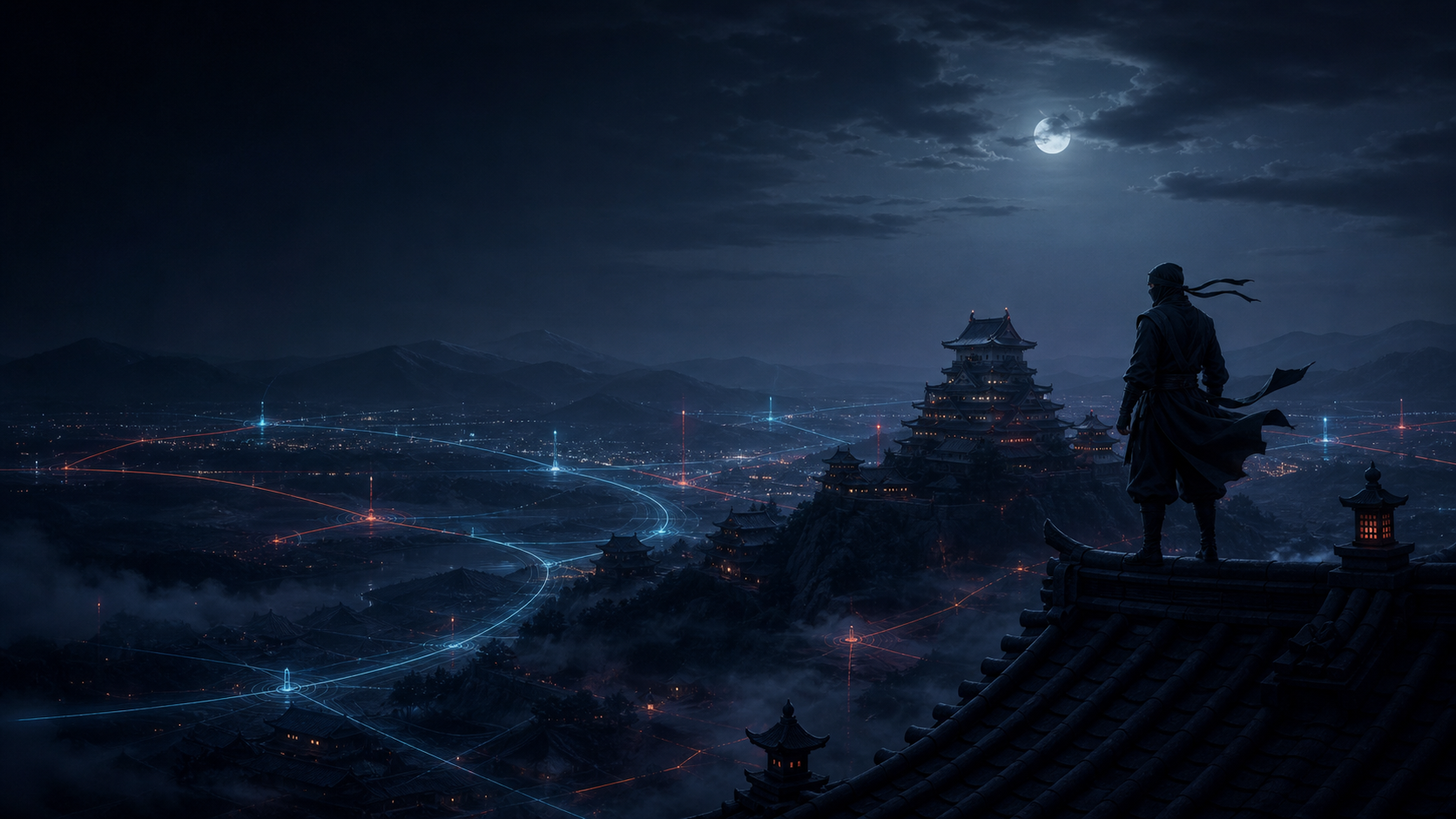 夜幕下的幕府城、忍者剪影与跨区域网络路线